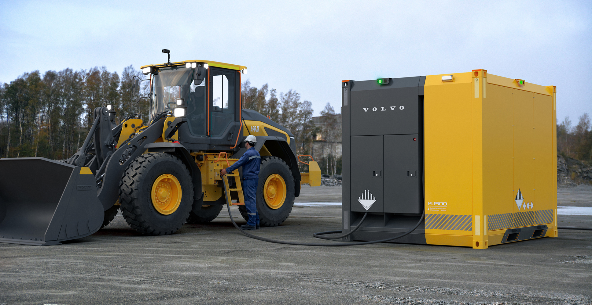 Den elektriska hjullastaren Volvo L90 Electric och batterilagret Volvo PU500.
