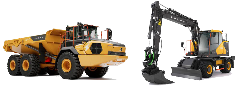 Volvo A40 Electric eldriven dumper och Volvo EWR150 Electric elektrisk hjulgr&auml;vare